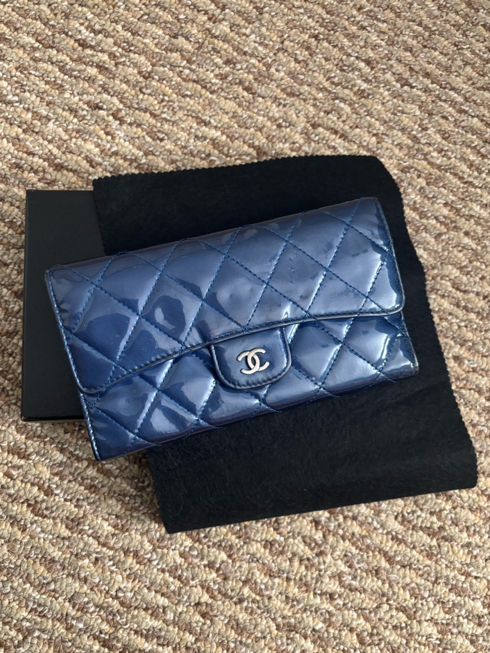 Authentic CHANEL Continental Quilted Patent Leather Wallet in Deep Blue
